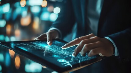 Poster - Cybersecurity networks are crucial for protecting data, demonstrated by a businessman using a digital