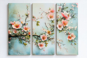 Wall Mural - Oil paintings artwork, floral spring scenics triptych, blooming sakura branch