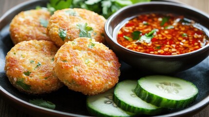 Golden, crispy Thai fish cakes (Tod Man Pla) served with a sweet chili sauce and fresh cucumber slices