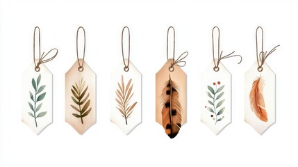 A collection of beautifully illustrated tags featuring leaves and feathers on a simple background, perfect for decorative purposes.