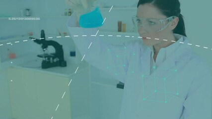 Poster - Animation of data processing over caucasian female scientist working in lab