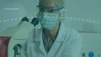 Poster - Animation of data processing over caucasian female scientist using microscope in lab