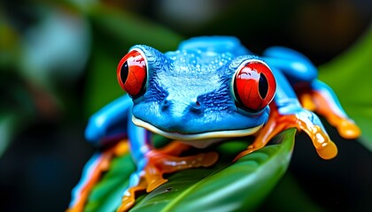 Wall Mural - Striking blue frog with vivid red eyes resting on lush green leaves, highlighting intricate details and vibrant colors.