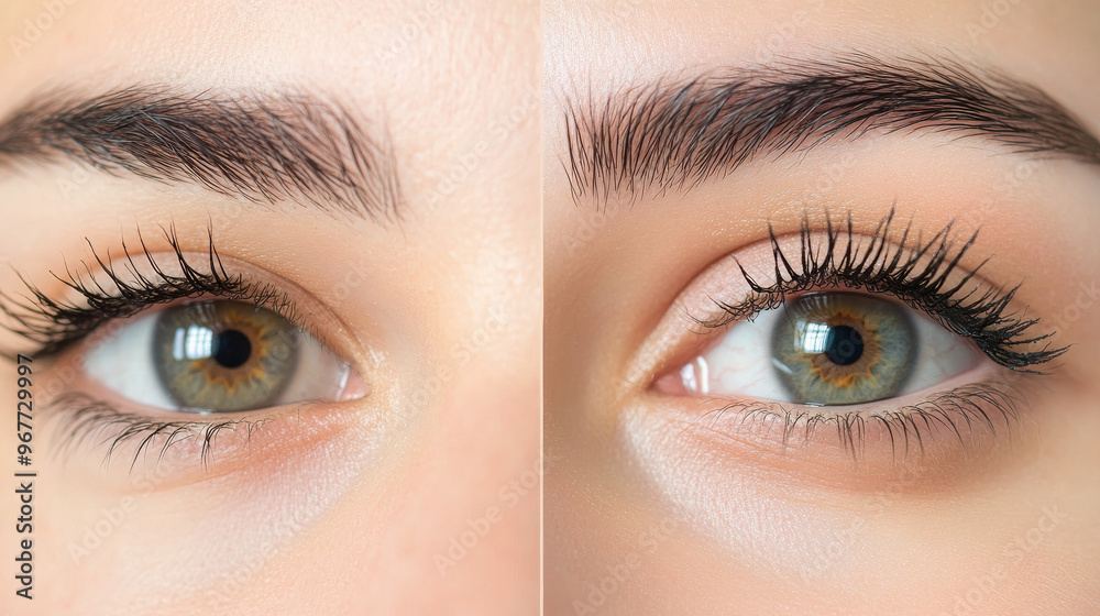 Collage showing woman's eye before and after mascara application. Stock ...