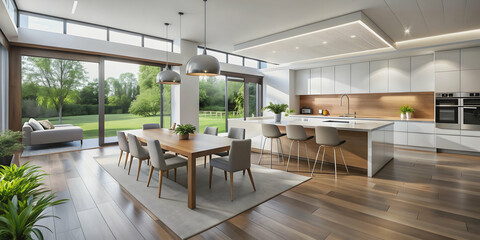 Panorama of modern kitchen and dining room in sleek and minimalist style, modern, kitchen, dining room