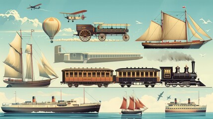 Poster - witness the evolution of transportation icons from horse-drawn carriages and steam locomotives to mo