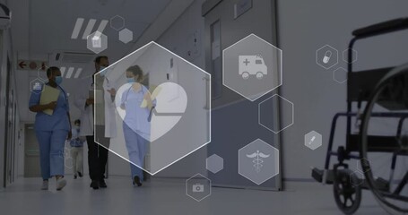 Poster - Animation of medical icons over diverse doctors walking
