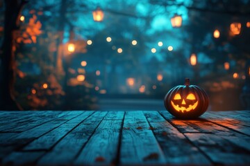 Halloween background with halloween pumpkin on old wood floor and lantern. 