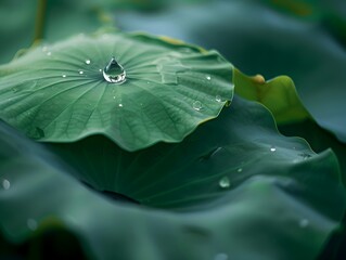 Wall Mural - Close up of Water Drop on Lotus Leaf Highlighting Natural Hydrophobic Beauty