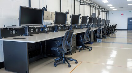 Wall Mural - Workbenches in electronics laboratories incorporate static-control surfaces and integrated cable management systems