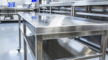 Poster - Workbenches in food processing facilities feature stainless steel surfaces and hygienic designs compliant with industry standards