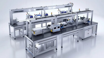 Poster - Workbenches with integrated pneumatic tool connections and compressed air supply systems support efficient assembly line operations