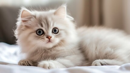 Wall Mural - A white fluffy kitten with blue eyes lays on a white bed with a curious expression.