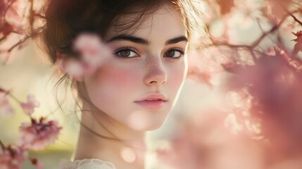 A serene portrait of a young woman surrounded by blooming flowers, capturing beauty and tranquility.