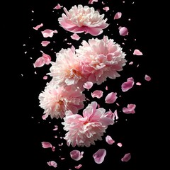 Wall Mural - Pink peonies in full bloom against a black background create a stunning visual for floral-themed designs, wedding invitations, or spring promotions