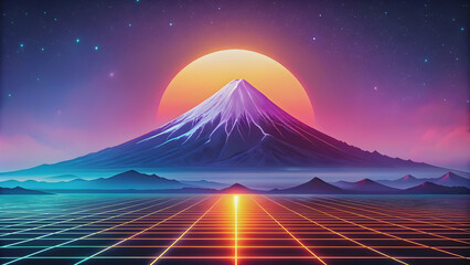 Futuristic synthwave style of Mt. Fuji covered in snow , synthwave, future, snowy, Mt. Fuji, neon, retro, 80s