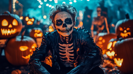 Man with skeleton face paint surrounded by glowing jack-o'-lanterns