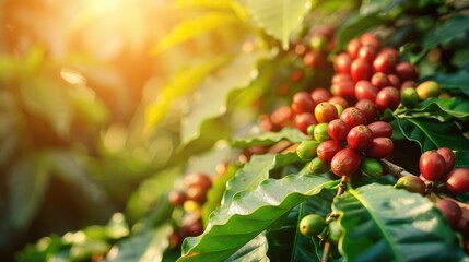 Wall Mural - Coffee tree cultivation in organic eco-garden with fresh beans and green leaves.