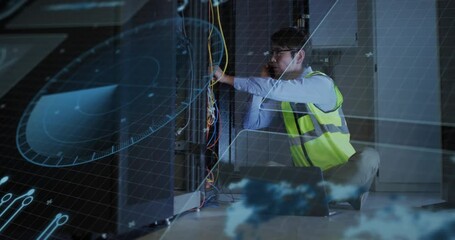 Poster - Animation of data processing over asian male worker in server room