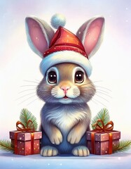 Wall Mural - Christmas rabbit and gifts