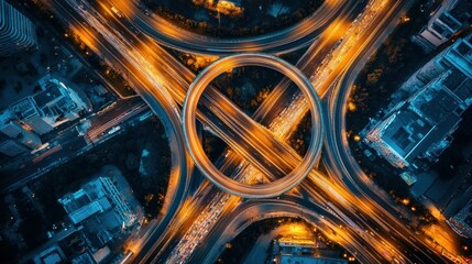 Sticker - Aerial view of a busy urban interchange with illuminated roads and circular overpass.