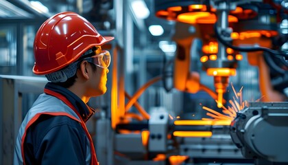 Engineer in red helmet controls advanced machinery illuminated by vibrant orange lights in a cutting-edge manufacturing facility.