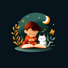 A cozy scene of a child and a cat reading a book under a starry night, surrounded by nature and moonlight.