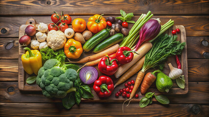 Fresh assorted vegetables displayed on a rustic wooden board , organic, healthy, farm fresh, produce, farmer's market