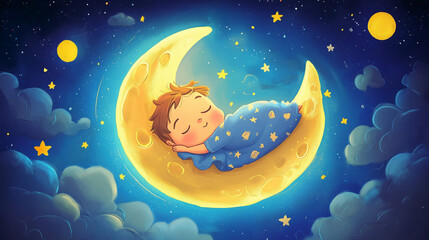 Wall Mural - kids lullaby cartoon sleeping on moon