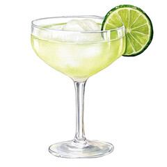 PNG Margarita cocktail illustration with lime wedge. Watercolor painting. Beverage and refreshment concept.	
