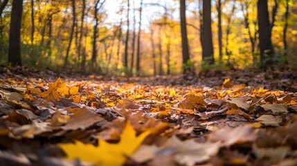 A serene forest path covered with autumn leaves, illuminated by golden sunlight.