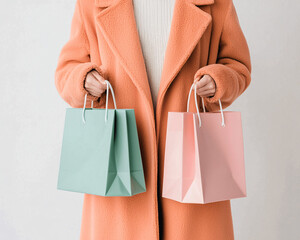 Wall Mural - A fashionable woman in an orange coat holds colorful shopping bags, showcasing a trendy shopping experience.