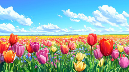 A vibrant field of tulips in full bloom 
