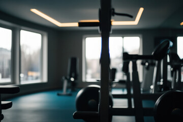 A blurred gym background with blurred silhouettes of equipment and people creates a dynamic atmosphere for fitness and training