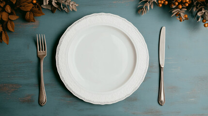 Elegant empty plate on a rustic table, surrounded by cutlery, perfect for showcasing culinary presentations or dining concepts.