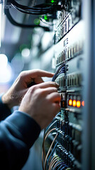 Poster - A technician analyzing computer network diagram, connecting cables and ensuring proper functionality. environment is filled with technology and glowing indicators, reflecting focused atmosphere