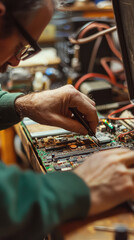 Poster - As technician assembles computer from scratch, intricate details of circuit board come to life, showcasing blend of skill and technology