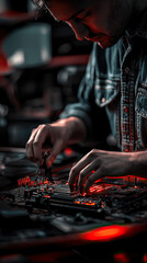 Poster - A technician assembling computer from scratch, focused on intricate details, surrounded by tools and components in dimly lit environment. atmosphere is intense and creative
