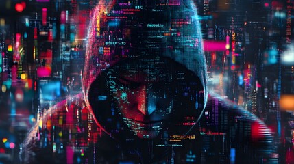 A digital collage of various computer code and data, with the face of a hacker wearing a hoodie in front of it