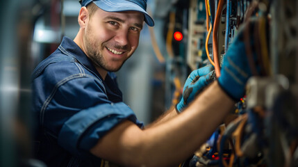 A commercial electrician or engineer and overalls with safety gears working on an electrical panel, power station, construction site, or factory. Electrical system repair, wiring.	
