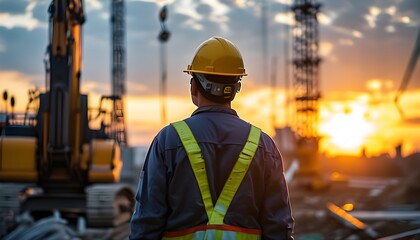 Wall Mural - Silhouette of construction worker in yellow helmet watching over machinery at sunset on bustling construction site