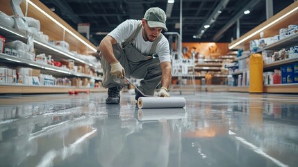 photorealistic worker applying epoxy floor coating in a retail store, the worker using a paint roller to coat the polished concrete floor, medium shot capturing the worker's focused expression and