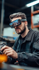 Wall Mural - A technician using augmented reality glasses for repairs in workshop, focused on his task. innovative technology enhances his work experience and efficiency