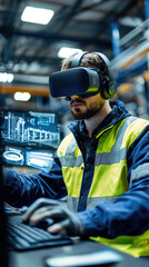 Poster - A technician using virtual reality for equipment training, immersed in digital environment, showcases integration of technology in modern workplaces