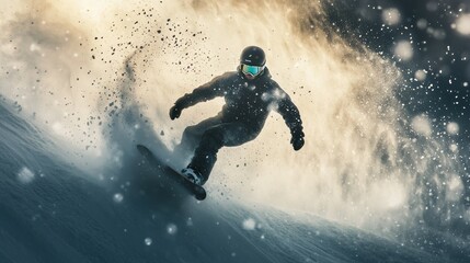 Poster - A snowboarder carving through snow amidst a dramatic backdrop of light and snowflakes.