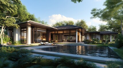 Modern house with a swimming pool and lush greenery.