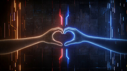 A digital illustration of two hands forming heart shape, surrounded by vibrant holographic lights in orange and blue. This artwork conveys sense of connection and love in futuristic setting