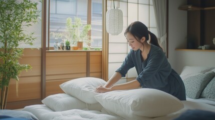 Poster - A woman arranging pillows on a bed in a sunlit room filled with plants during the afternoon