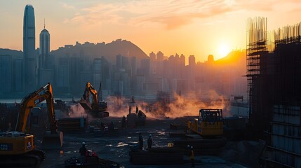 Wall Mural - Construction Site at Dawn with Workers Prepping for the Workday and City Skyline