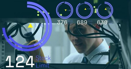 Poster - Animation of scope scanning and data over caucasian male worker in server room